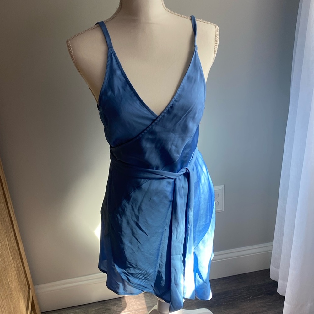 silky slate blue wrap dress